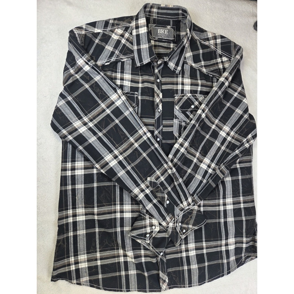 BKE Buckle Western Snap Shirt Mens XL Black Plaid Distressed Pearl Snap Cowboy